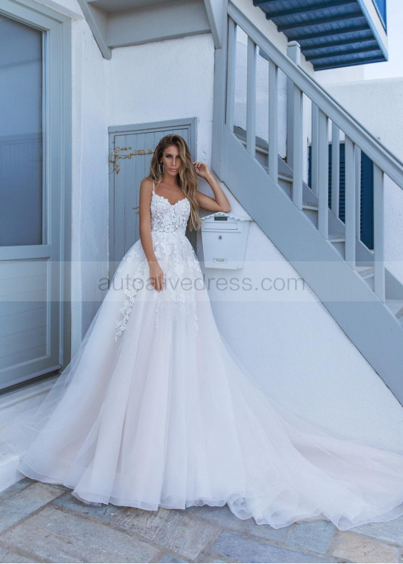 Spaghetti Straps Beaded Ivory Lace Tulle Wedding Dress